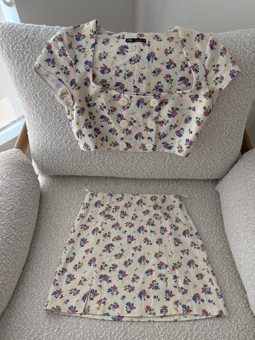 Zara Matching Floral Set – Square Neck Crop Top + Mini Skirt